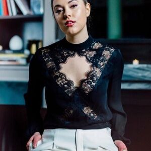 cami nyc skylar eyelash lace cutout high neck 100% silk long sleeve top large